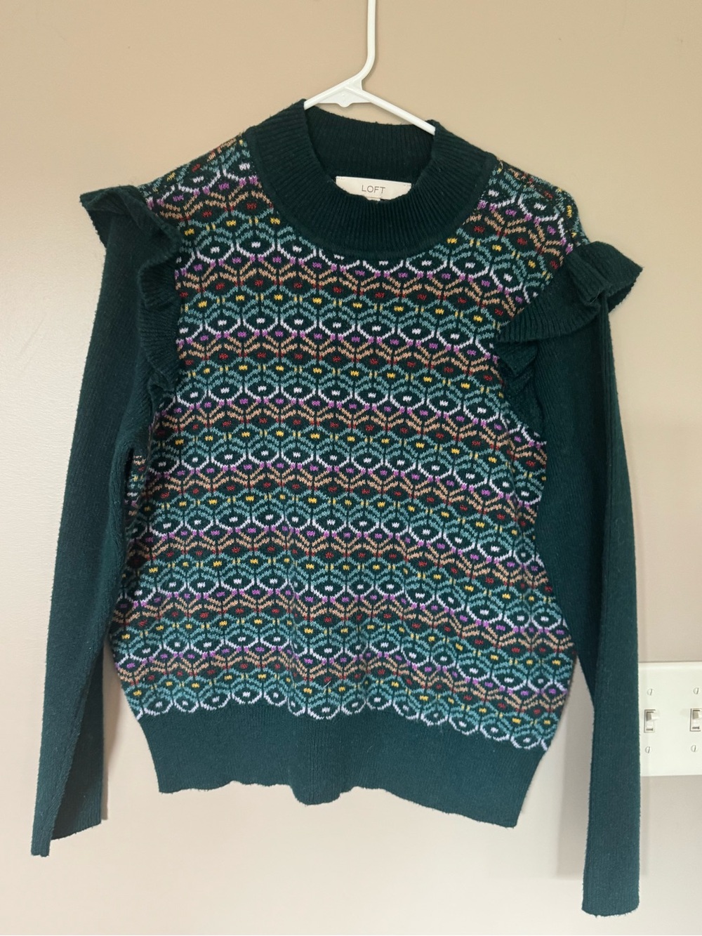 LOFT Dark Green Fair Isle Ruffle-Shoulder Sweater